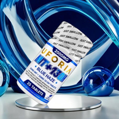 Bottle of UFORIA supplement surrounded by blue abstract shapes.
