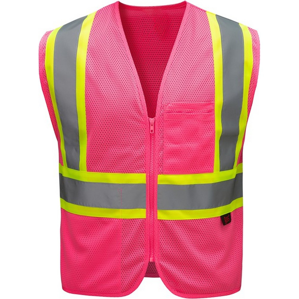 Pink safety vest with yellow reflective stripes and a front pocket.