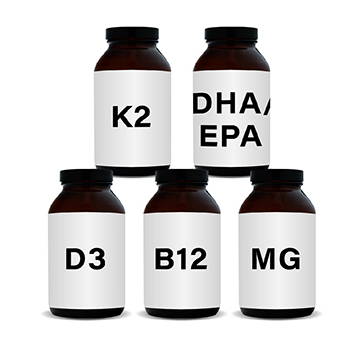 Bottles of Vitamin K2, Vitamin D3, Vitamin B12, Magnesium and Omega-3 DHA and EPA