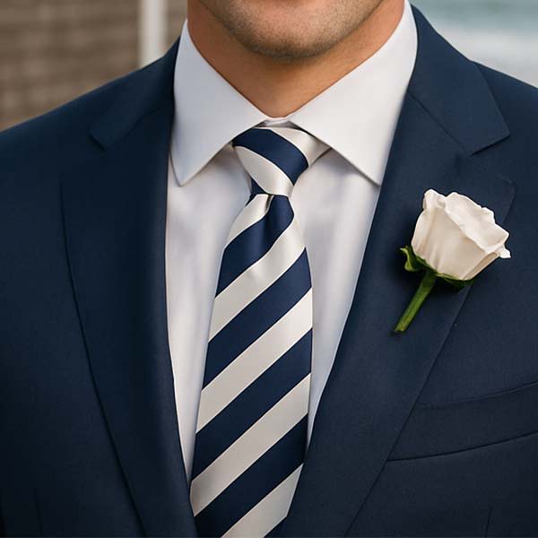 Closeup of a groom wearing a navy blue and white striped tie with a navy suit