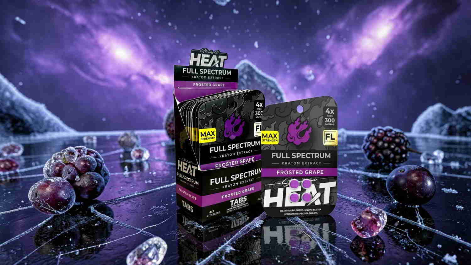 Boxes of HEAT product against a cosmic background with floating berries.