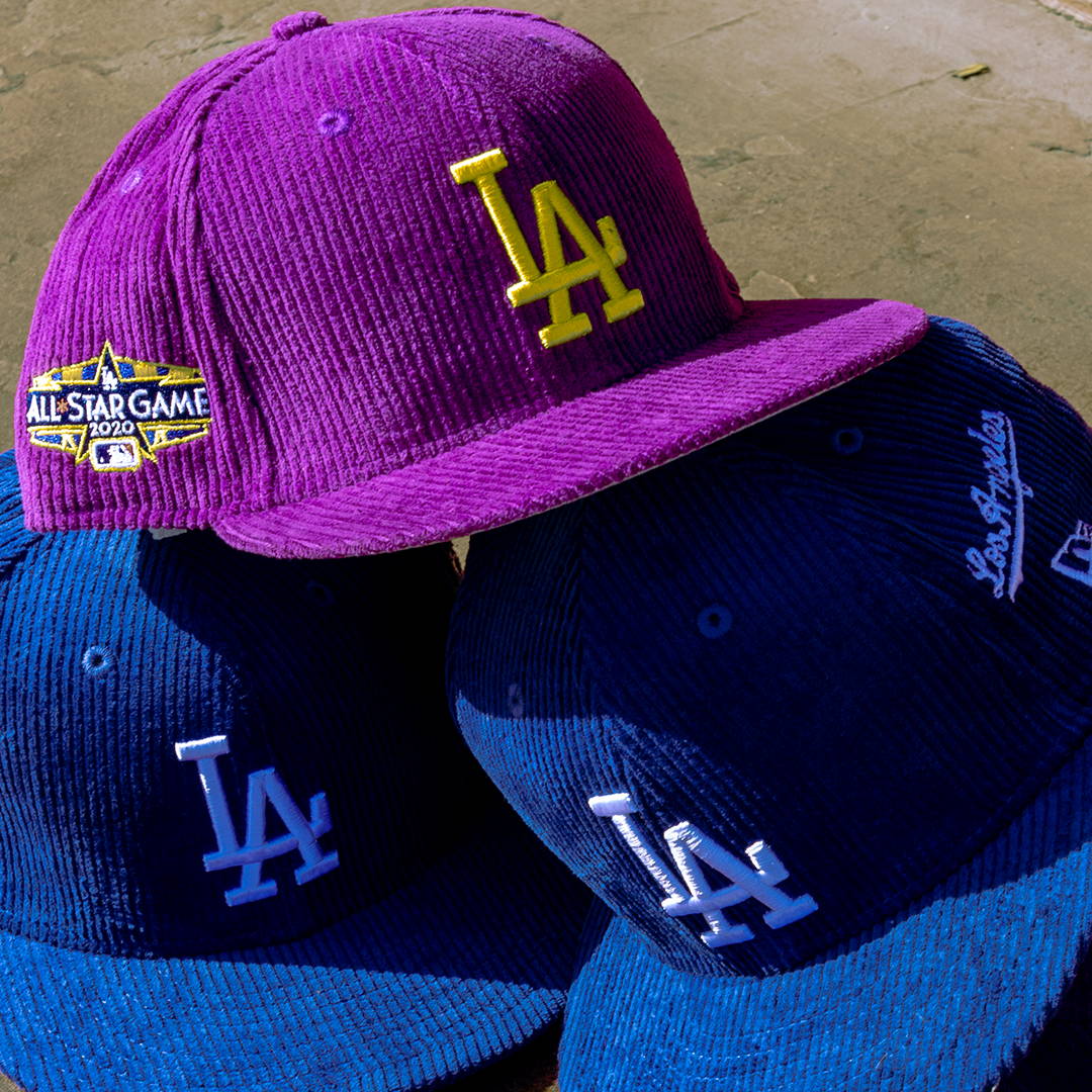 purple and blue stacked dodgers hats