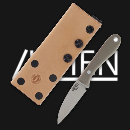 Knife with sheath on a black background.
