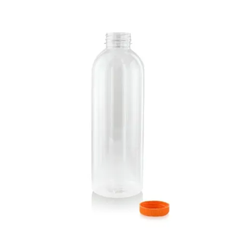 A bottle with an orange cap