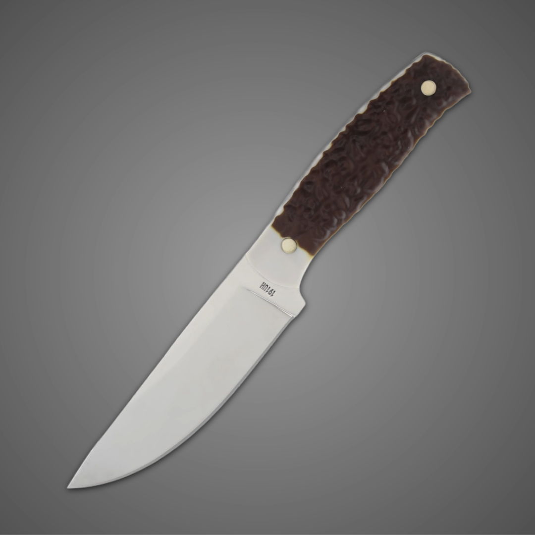 A knife with a stainless steel blade and a textured brown handle.