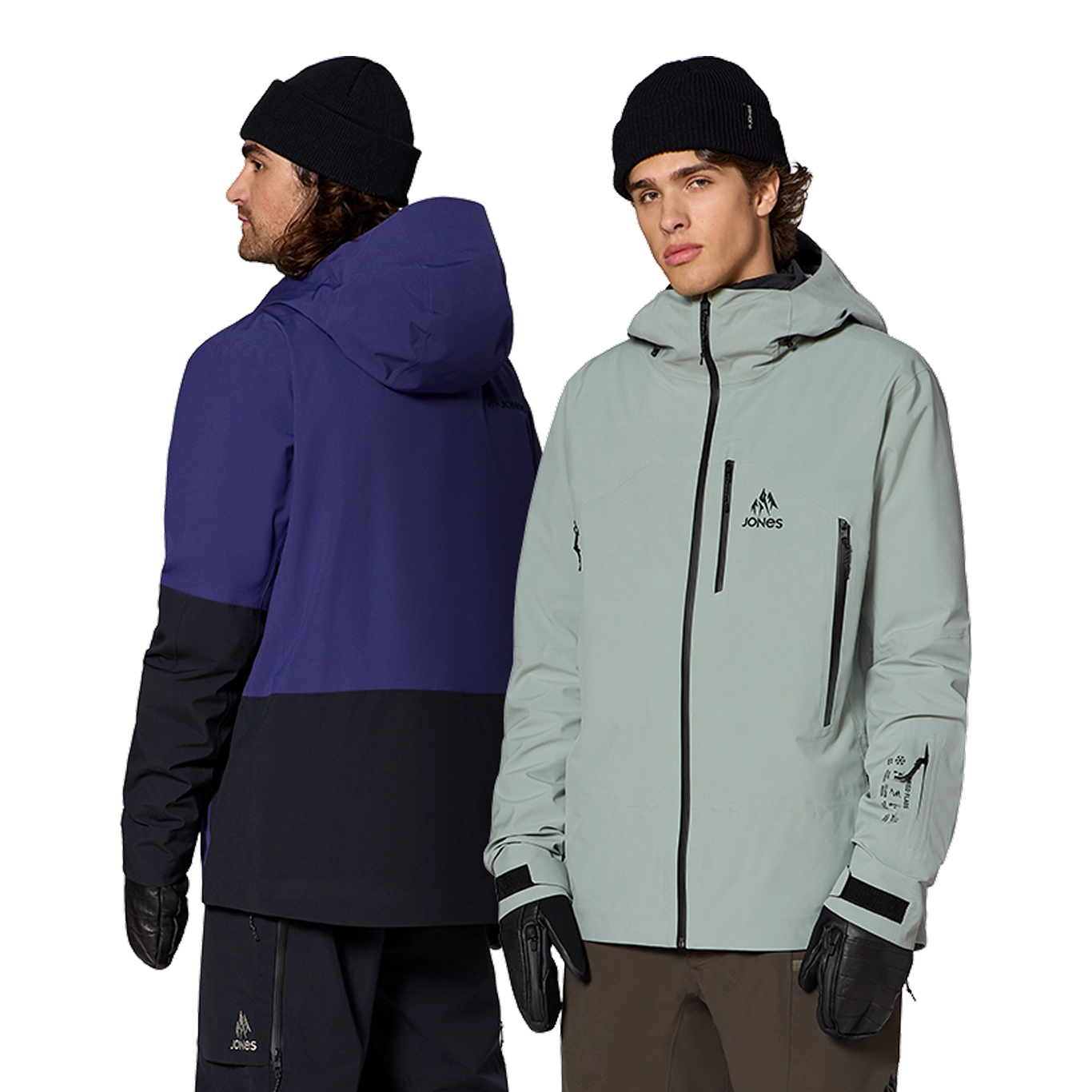 Two models wearing stylish winter jackets, one facing forward and one backward.