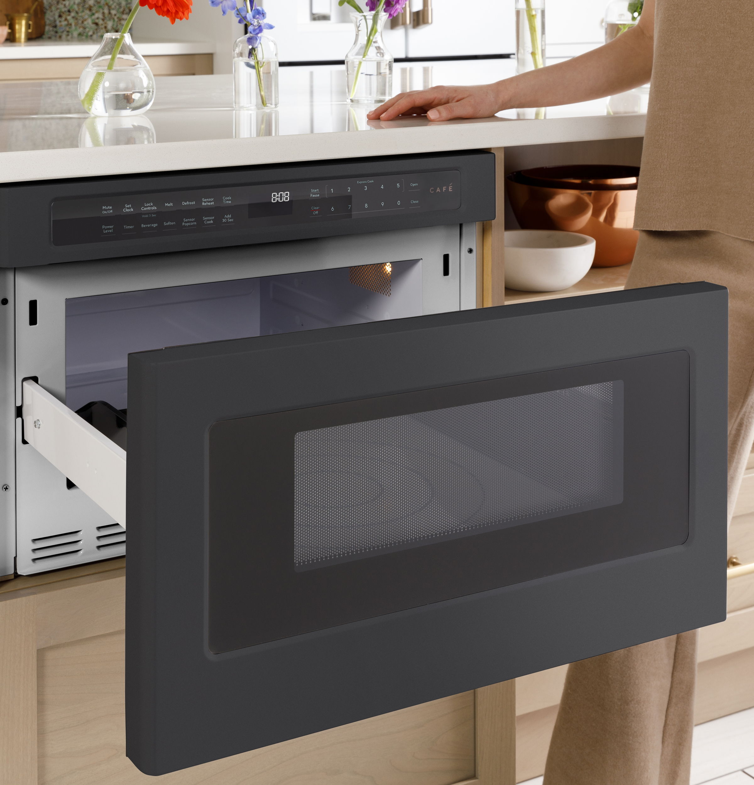 Built-in microwave drawer in a modern kitchen setting.