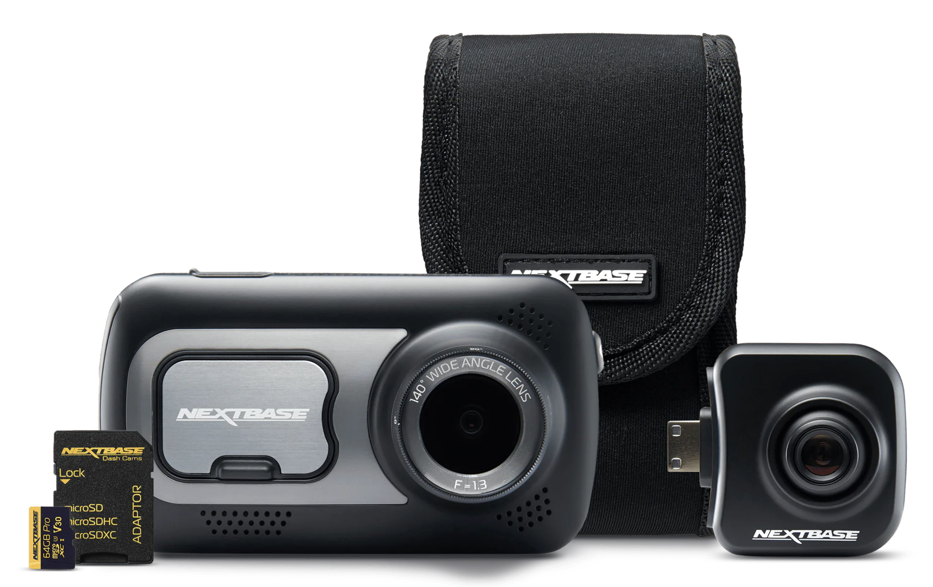 Camera and accessories including a memory card and protective case.