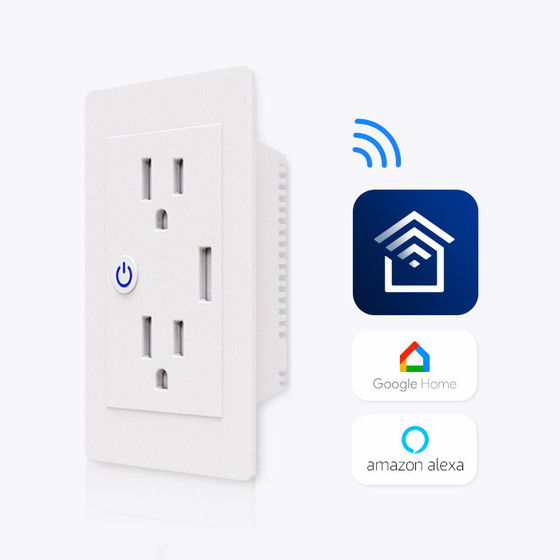 Smart wall outlet with Google Home and Amazon Alexa compatibility icons.