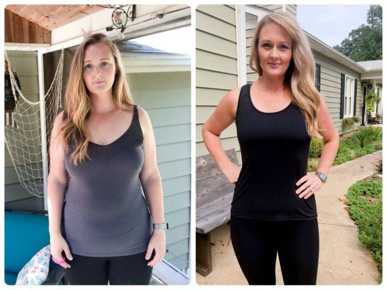 woman showing off her weight loss results 