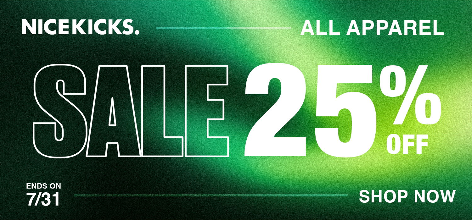 Green promotional banner for Nice Kicks, 25% off all apparel sale.