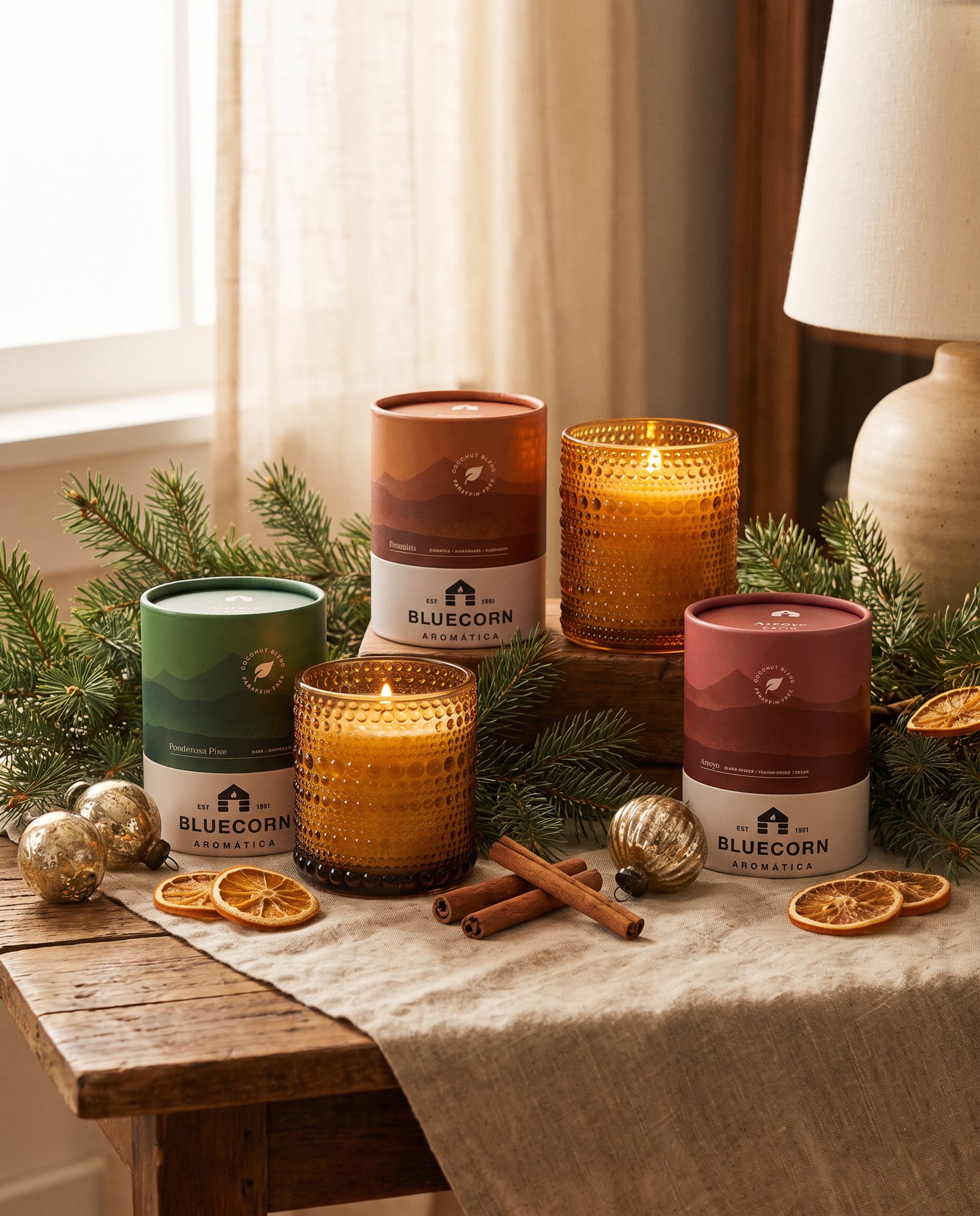 Bluecorn candles among winter greenery