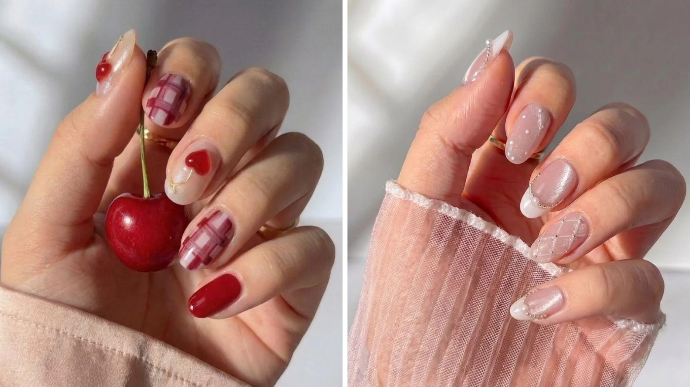 Press-on nails lined up in size order next to nail prep tools on a cream surface