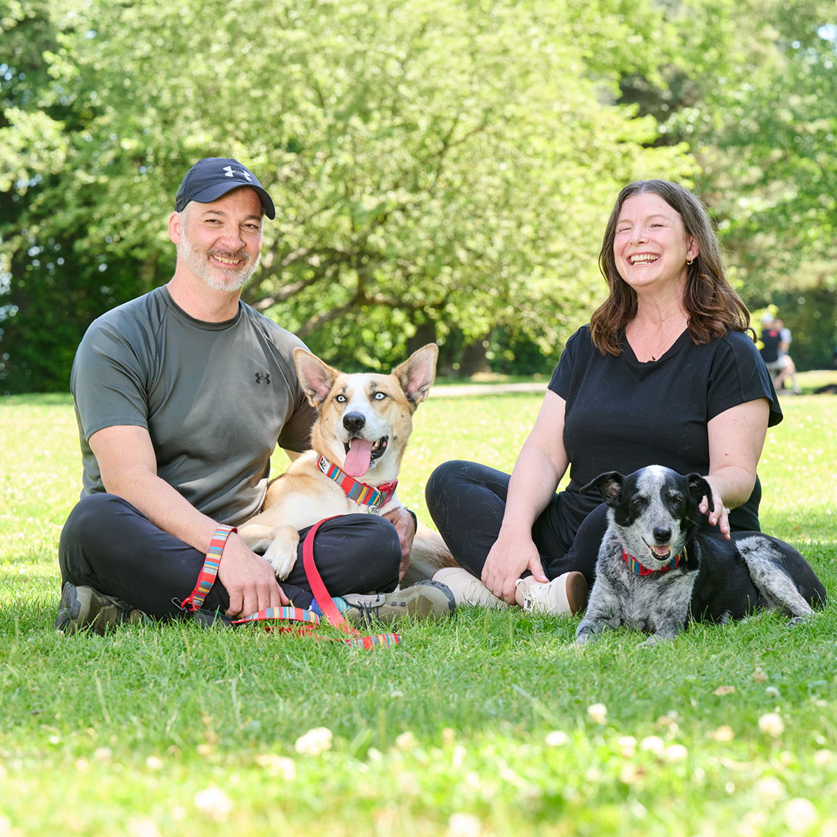 A man and woman sitting on grass with two dogs.