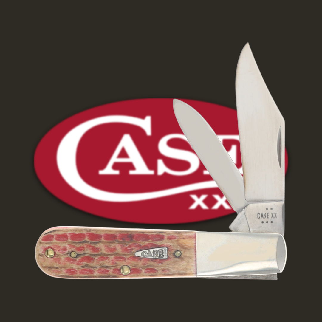 A folding knife with two blades and a Case logo background.