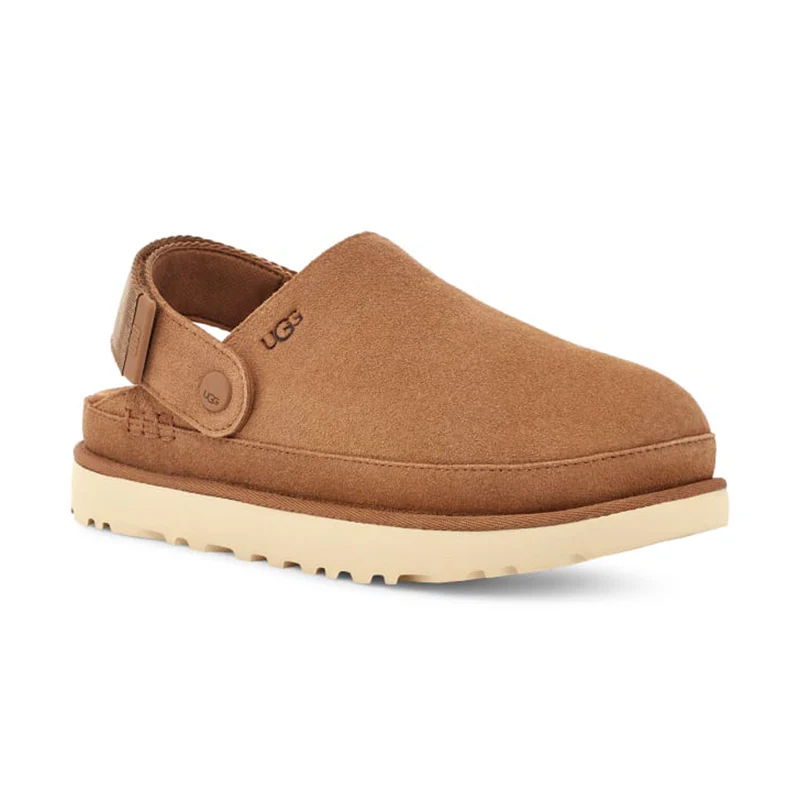 Brown suede slip-on shoe with a white sole and back strap.
