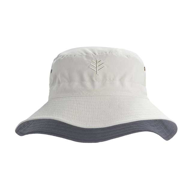 White bucket hat with a leaf design on the front.