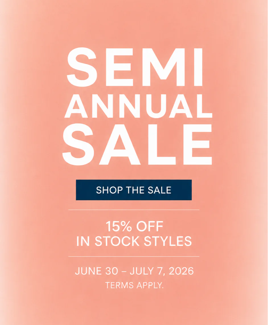 Semi-annual sale, 15% off in stock styles, June 30 - July 7, 2026.