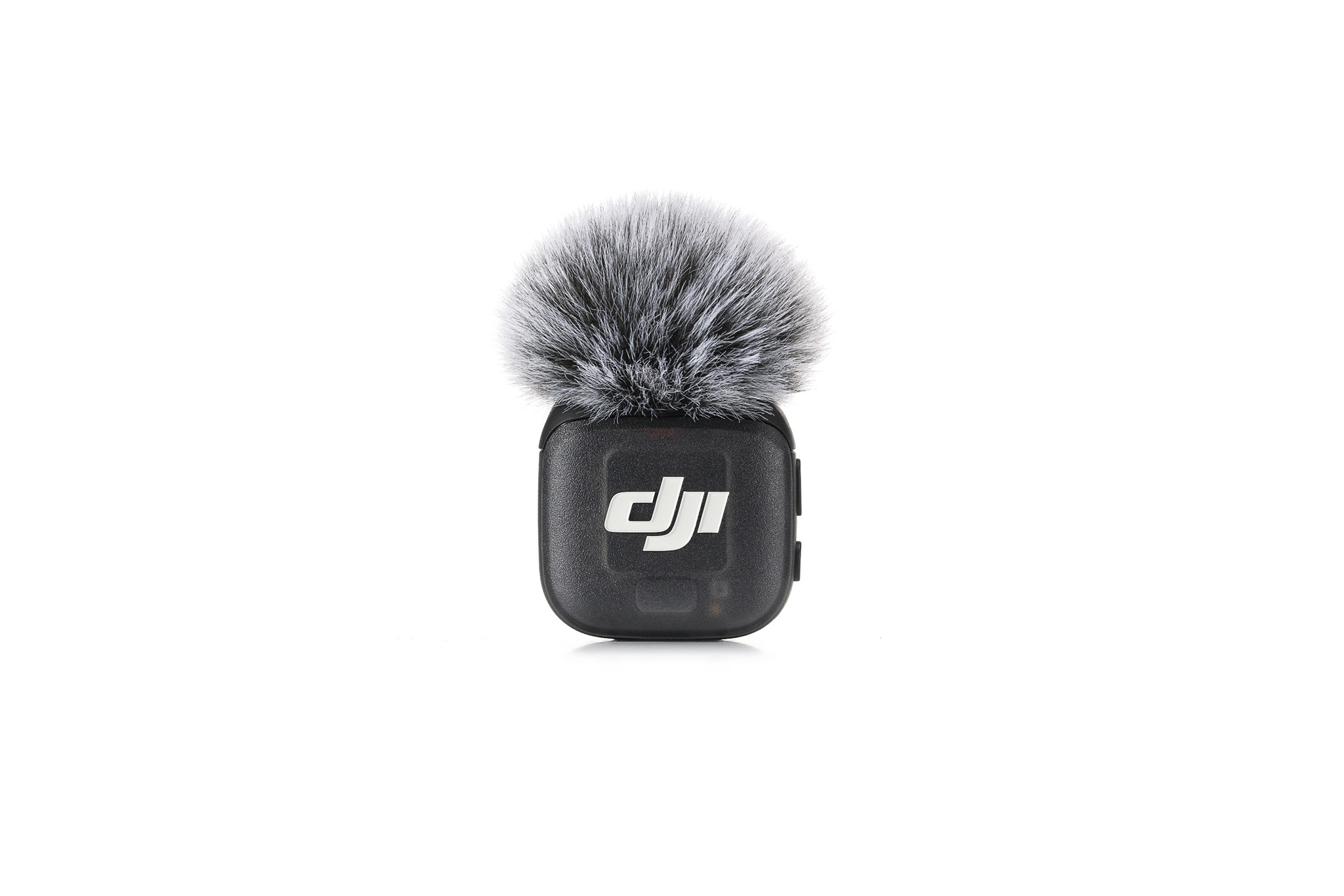 Black microphone with a fuzzy windscreen, featuring the DJI logo.