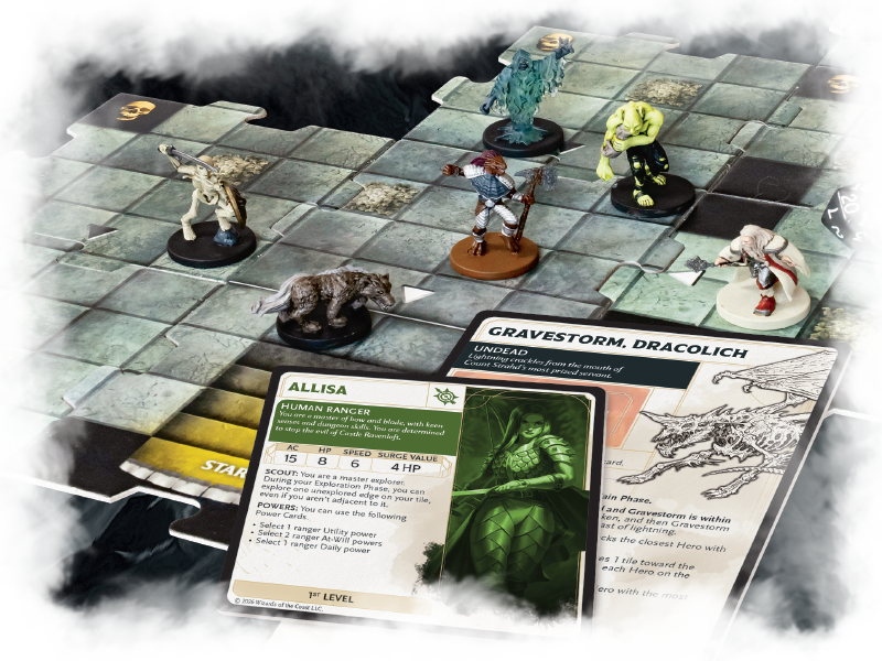 Board game setup with miniatures and character cards on a game board.
