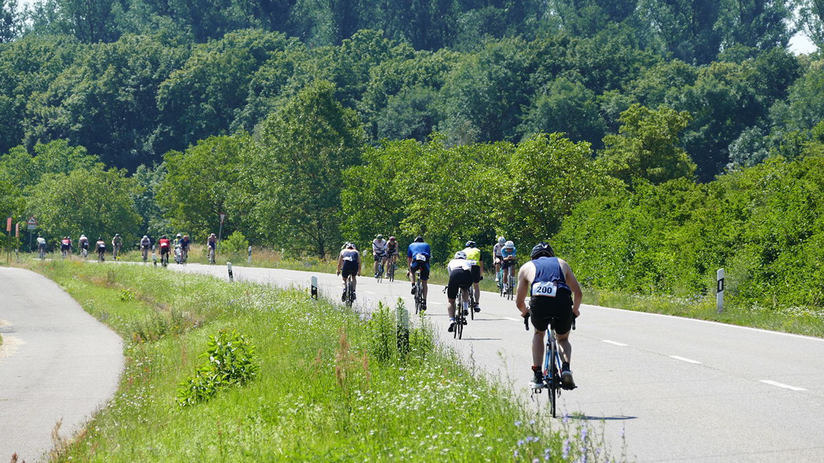 Triathleten auf der Radstrecke von hinten fotografiert.