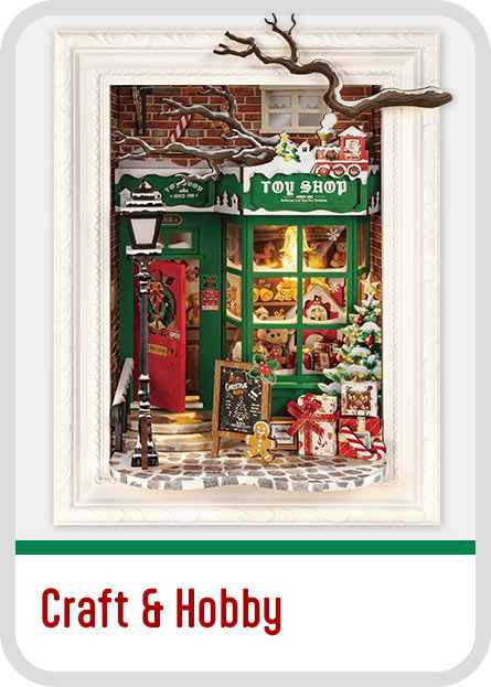 A festive toy shop with colorful decorations and gifts. Christmas Craft & Hobby Kits