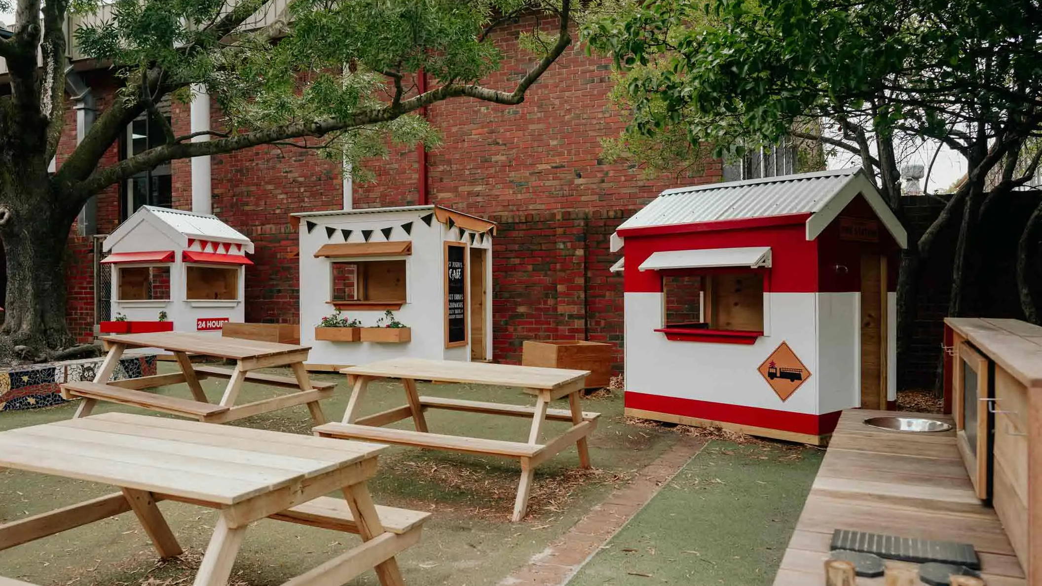 A themed cubby house village installed at St Joseph Primary school 