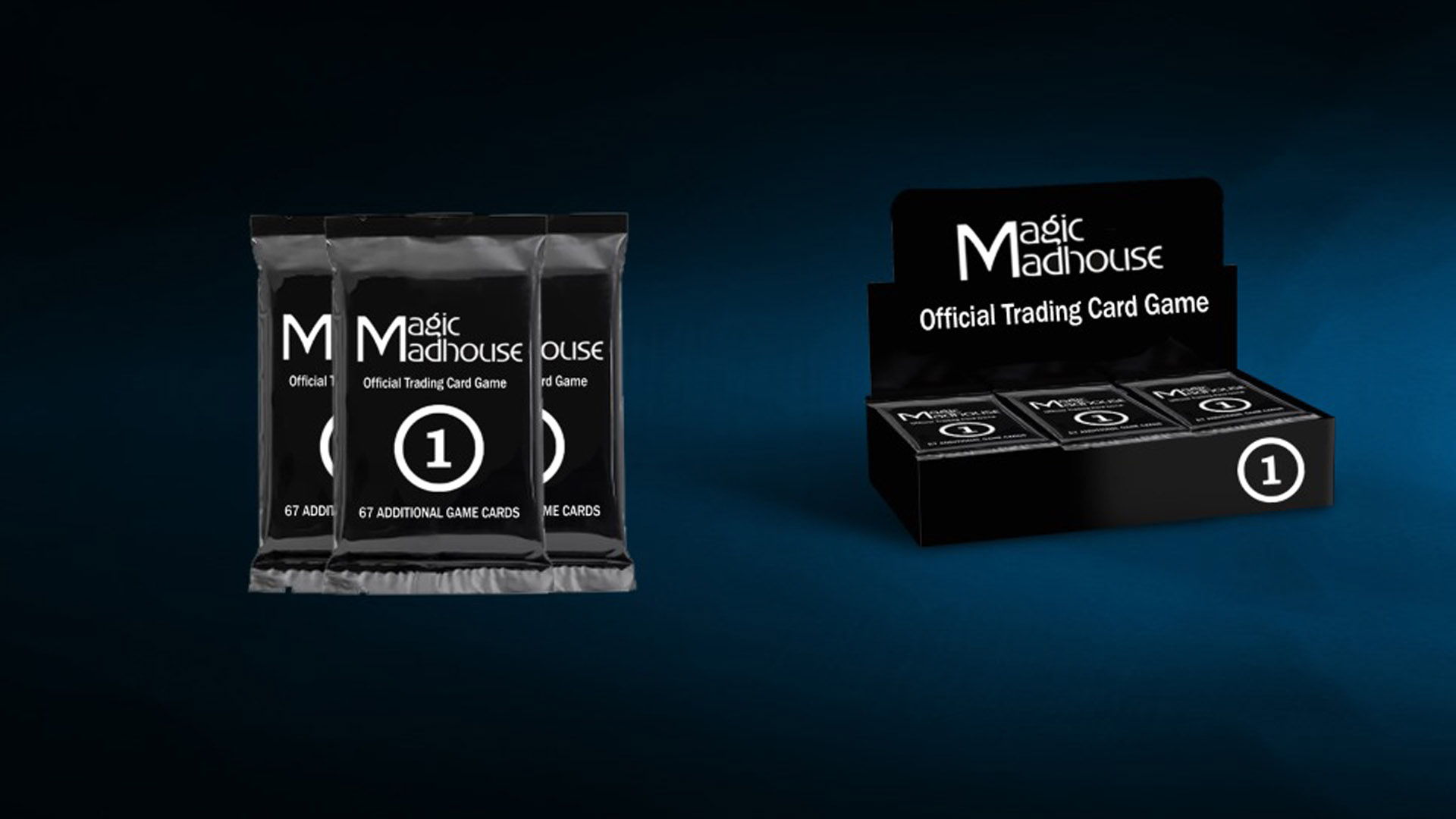 A pack and a booster box for the 'official' Magic Madhouse Trading Card Game.