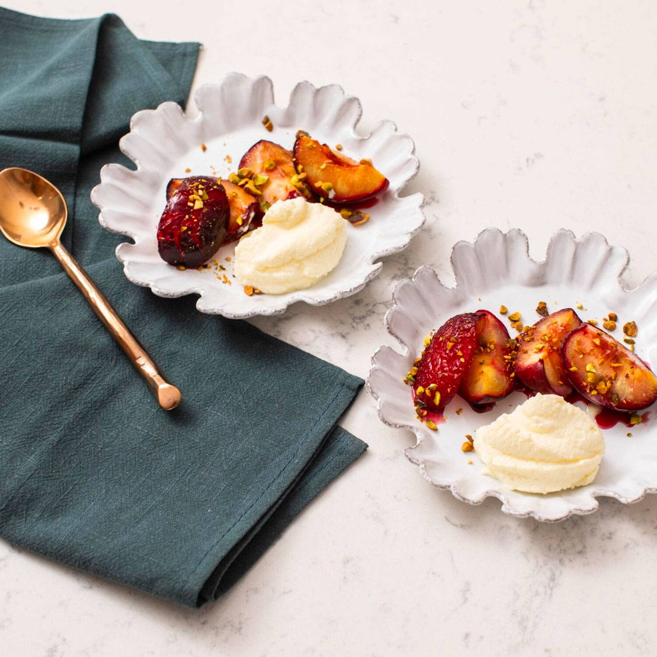 Maple Roasted Plums with Mascarpone Cream and Pistachios