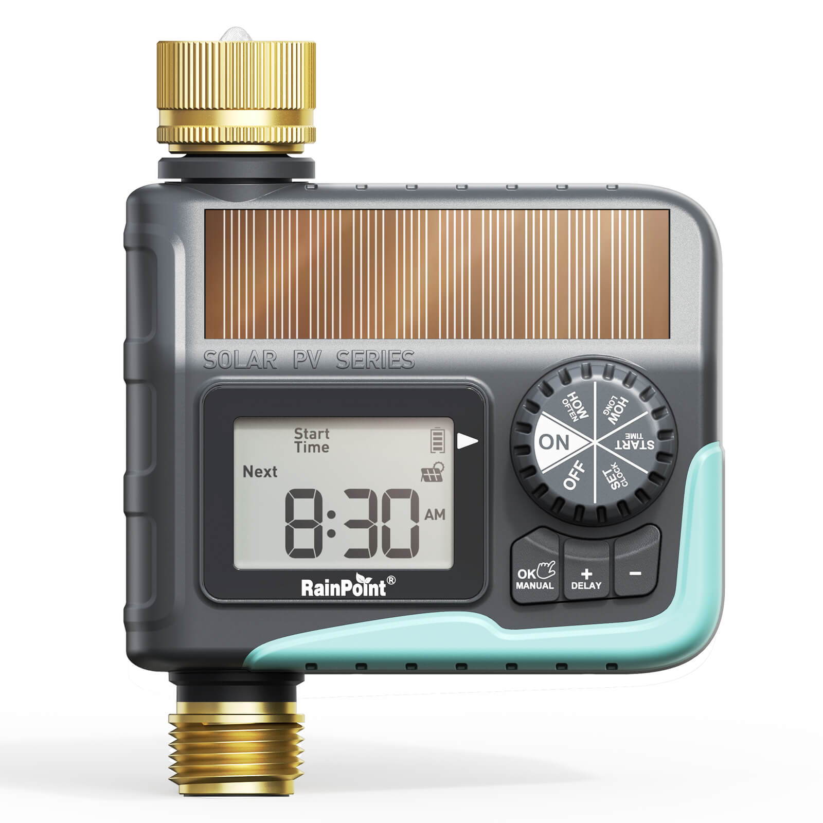 Digital garden irrigation timer with a solar panel and control dial.