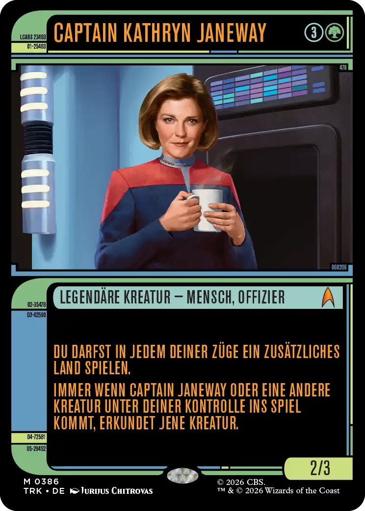 mtg star trek spoilers- Captain Kathryn Janeway holding a cup, in a futuristic setting.