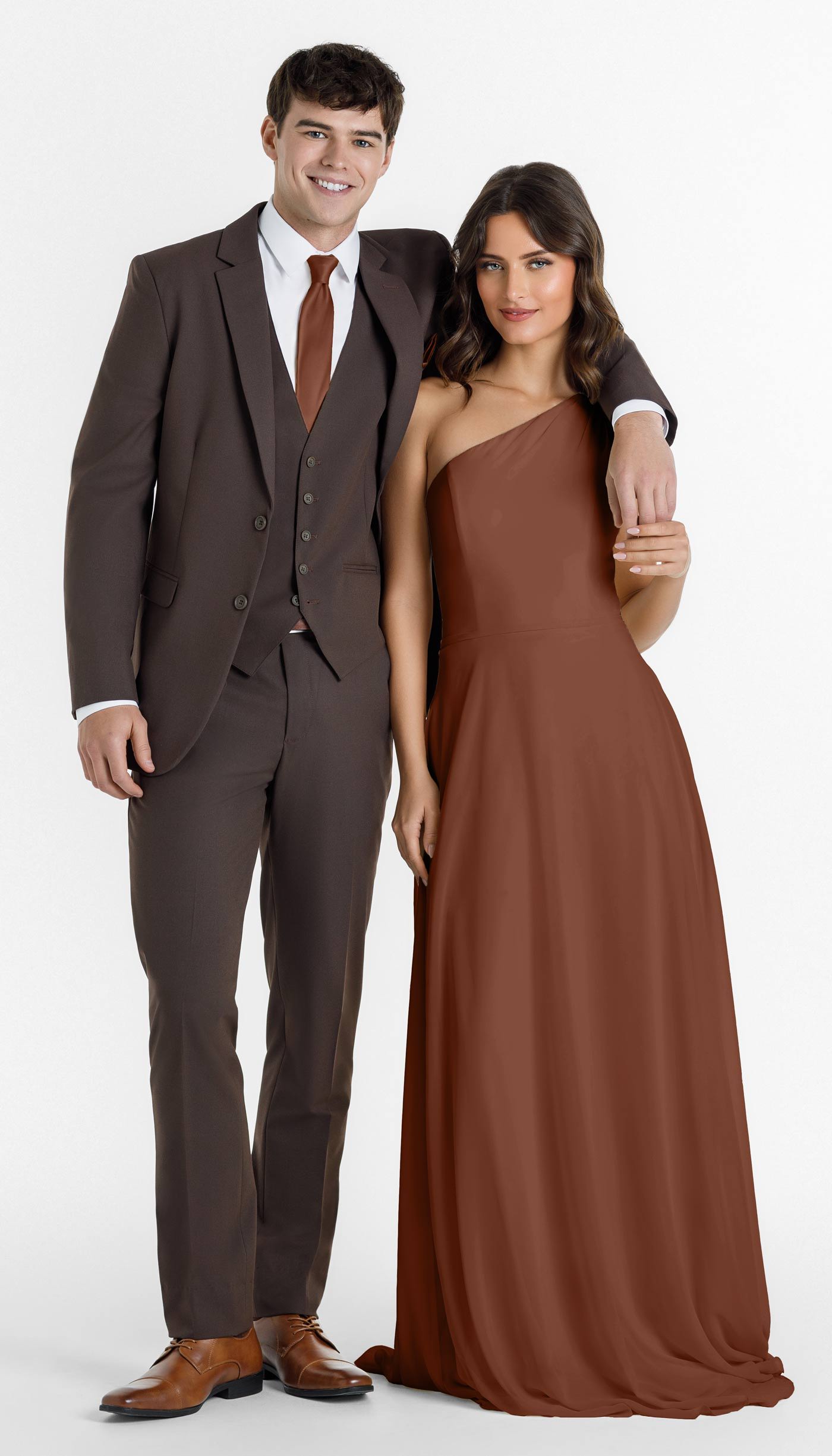Chocolate suit with burnt orange bridesmaid dress
