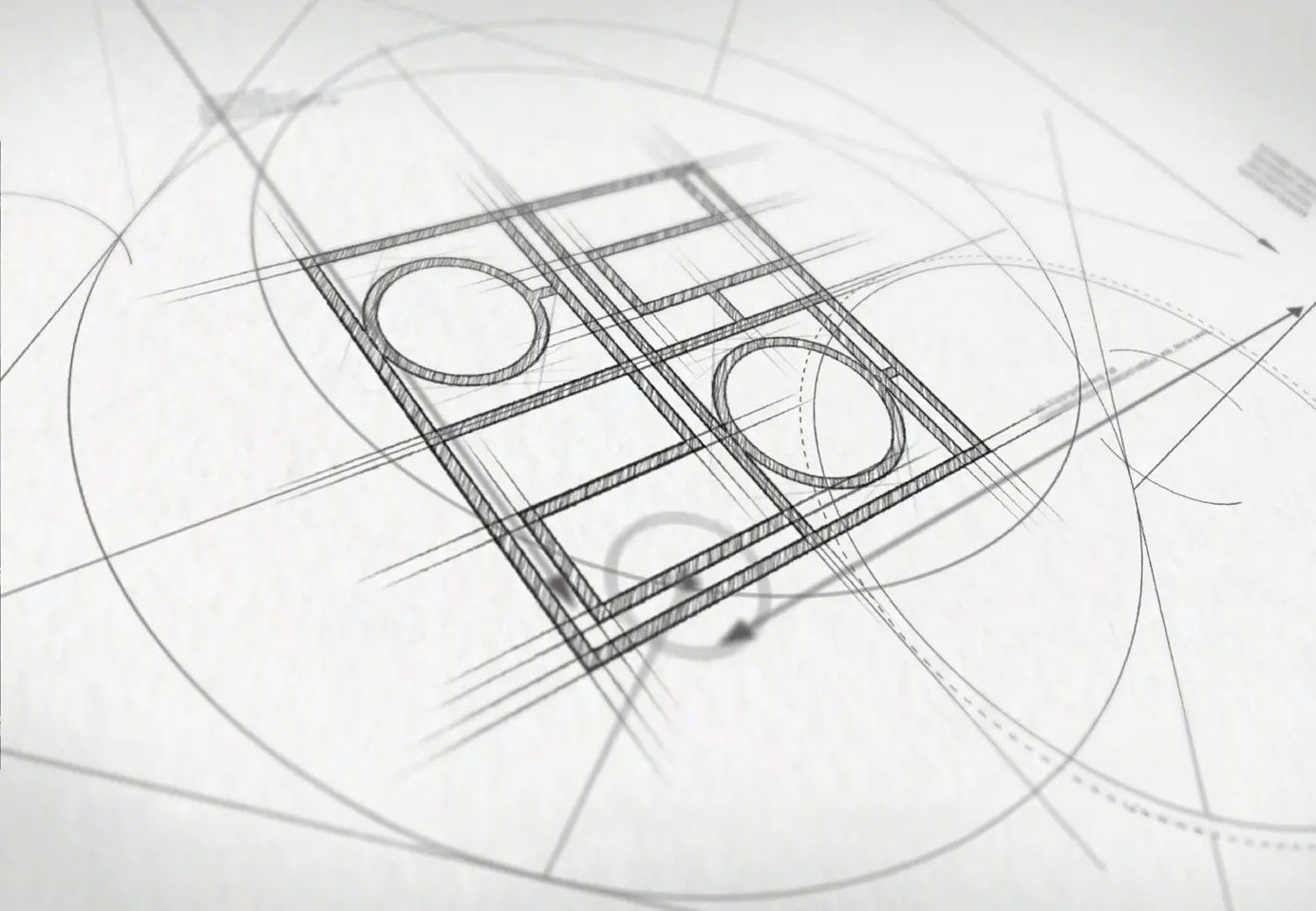 Geometric design with circles and rectangles on a technical drawing background.