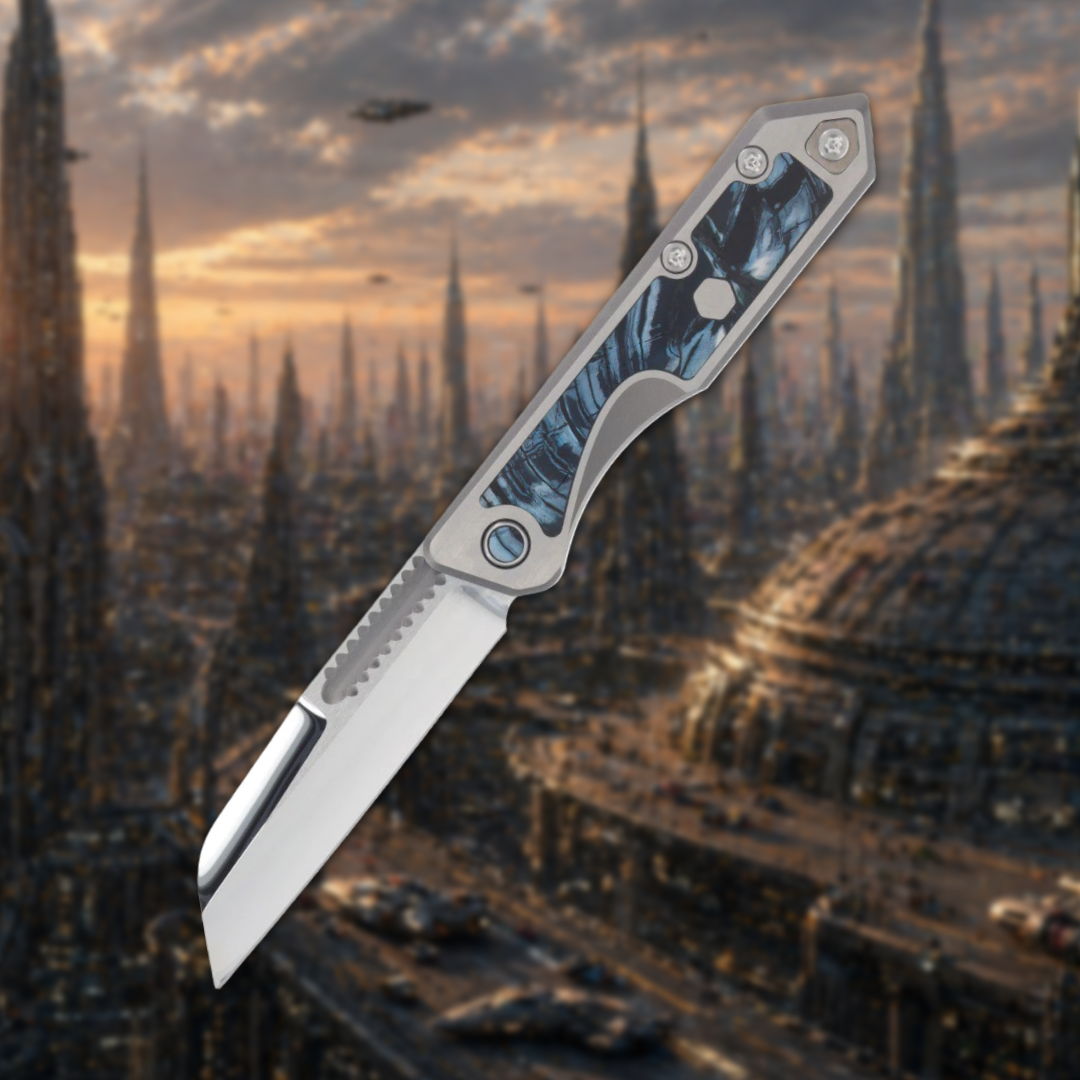 Futuristic knife against a sci-fi cityscape background.