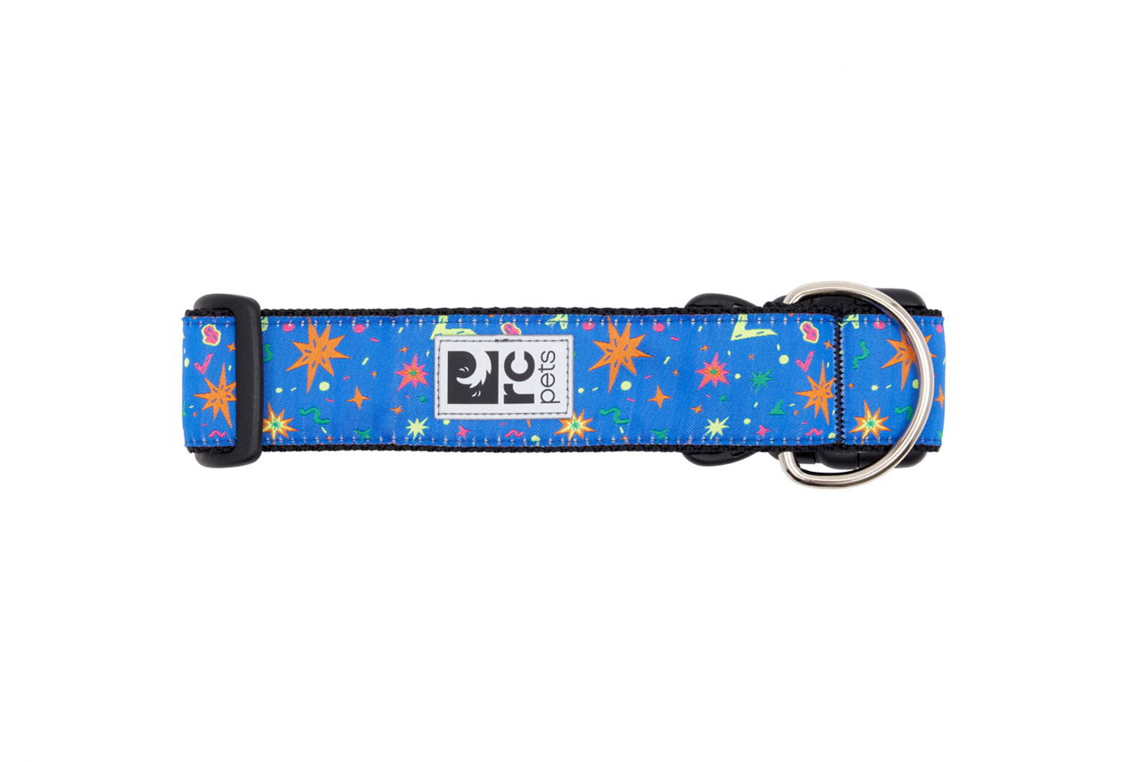 Blue dog collar with star pattern and metal buckle.