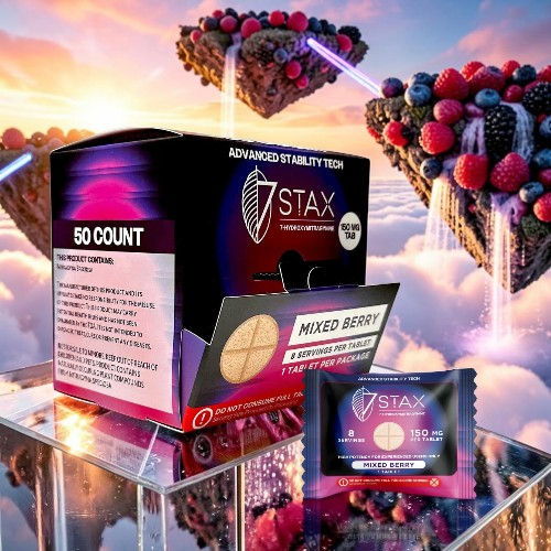 Box of dietary supplement with mixed berry flavor against a surreal background.