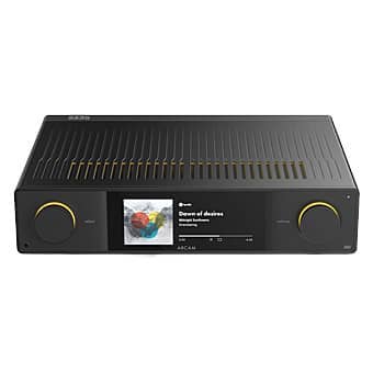 Black audio receiver with display and control knobs on the front.