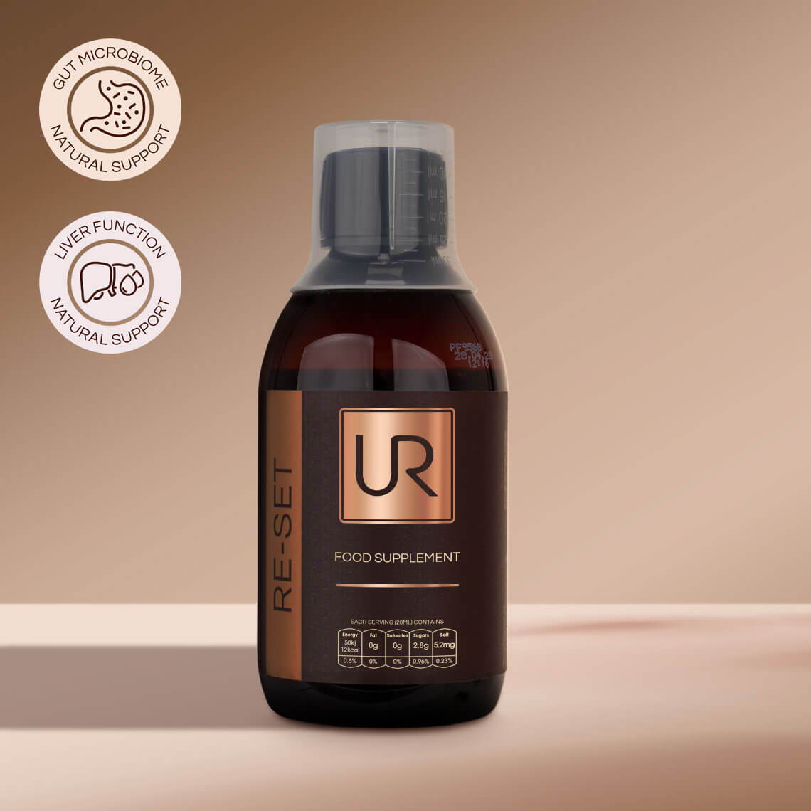 Bottle of gut supplement product with certifications.
