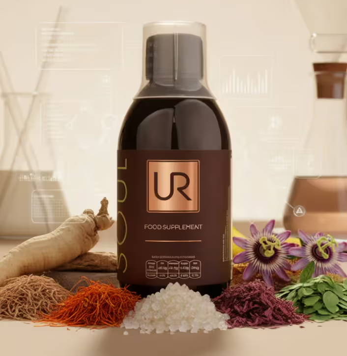 UR SOUL Bottle surrounded by spices and laboratory equipment on a neutral background.