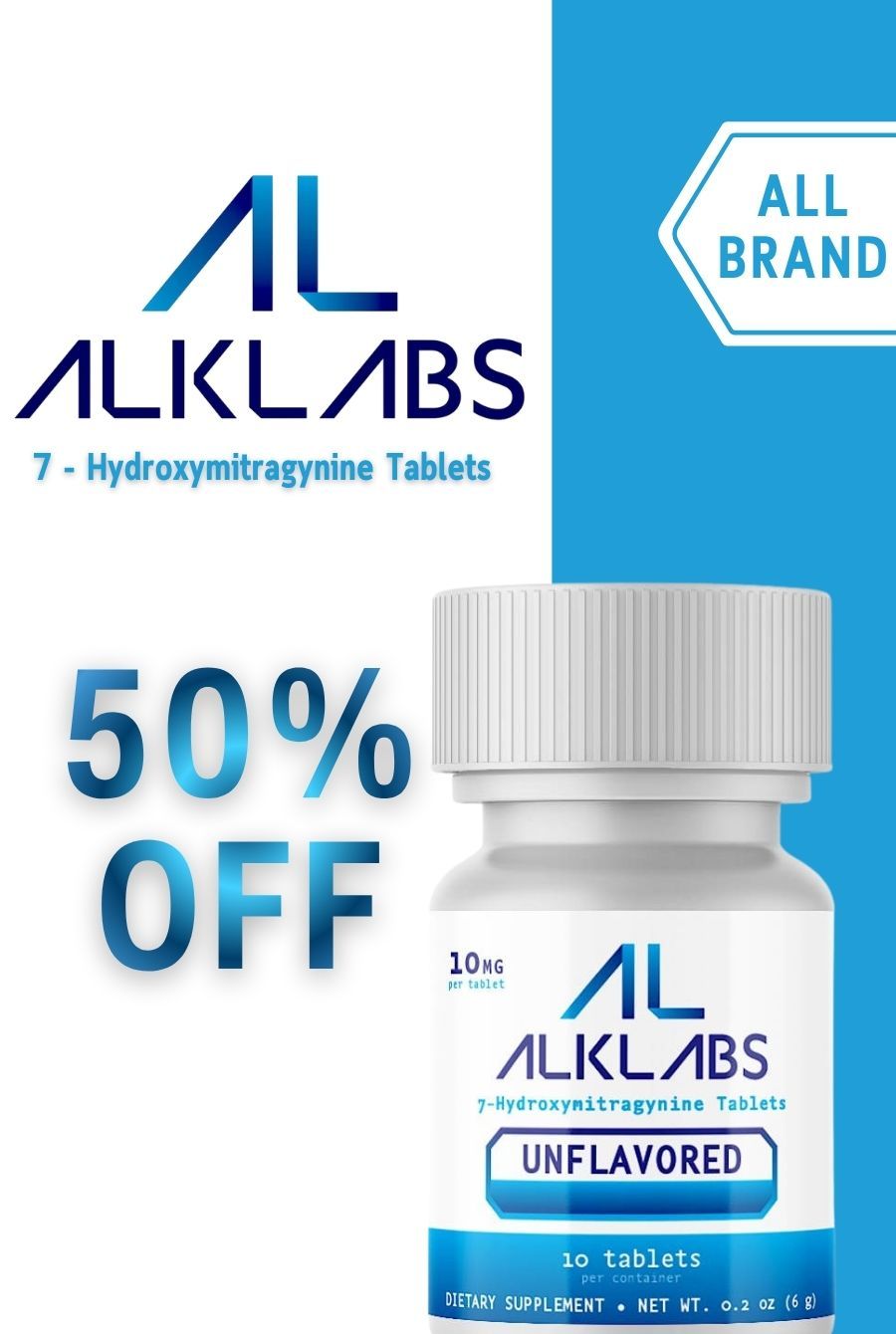 AL KLABS 7-Hydroxymitragynine Tablets, 50% off, unflavored, dietary supplement.