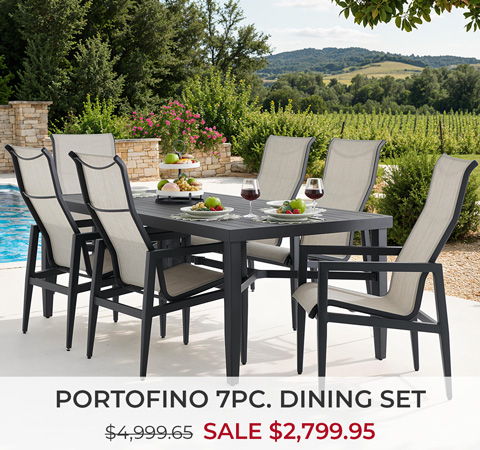 Outdoor dining set with six chairs and a table, on sale.