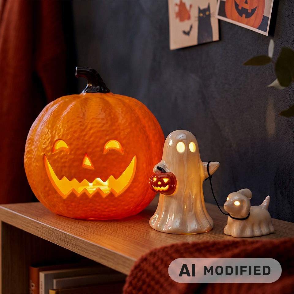 Une citrouille sculptée avec des décorations de fantôme et de petit chien pour Halloween.