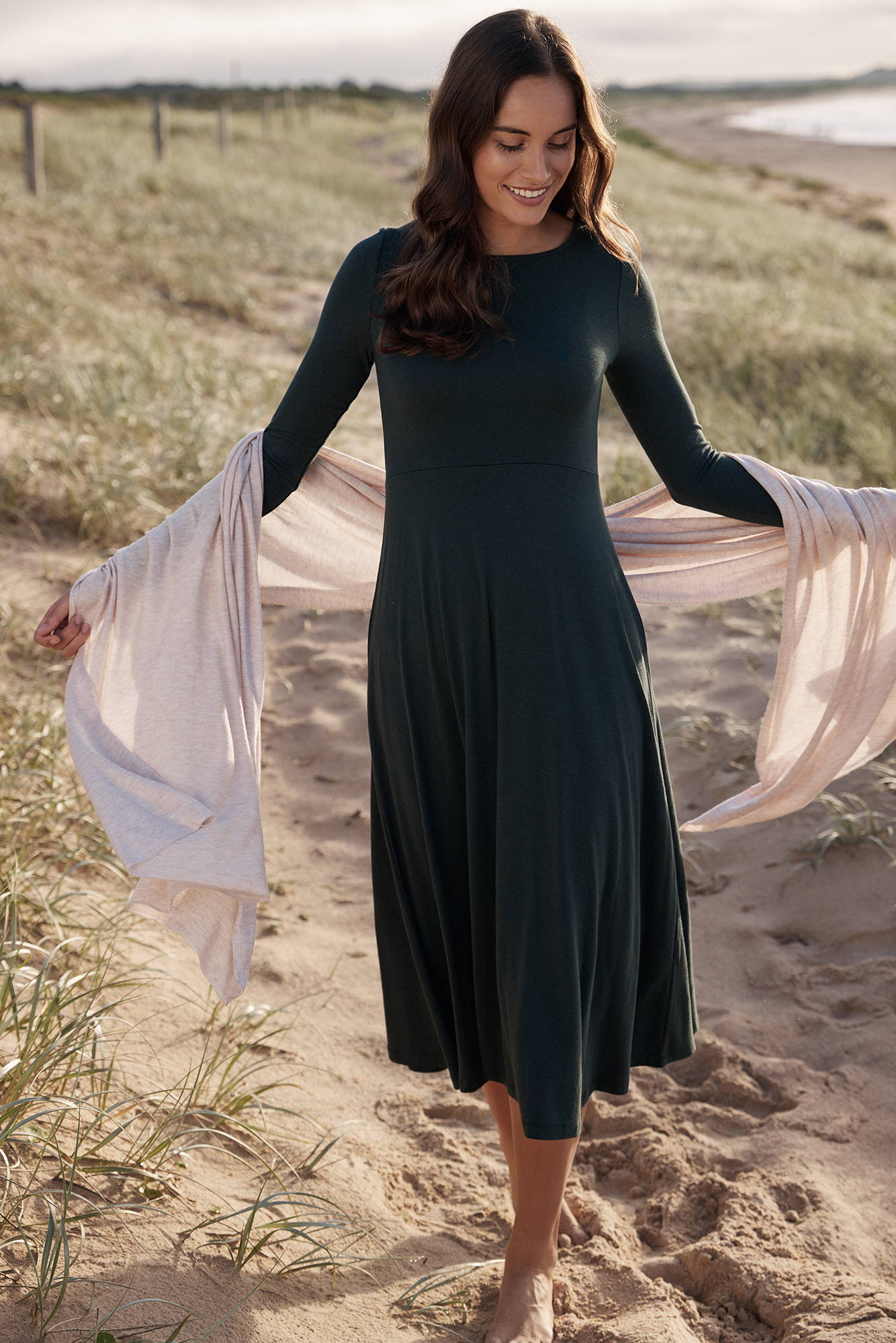 long sleeve midi dress in forest green colour