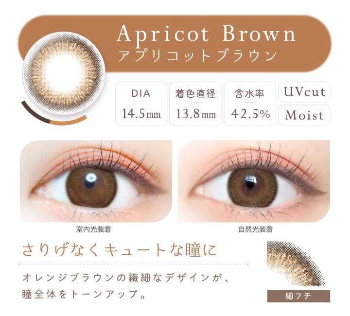 Apricot Brown(アプリコットブラウン),DIA14.5mm,着色直径13.8mm,含水率42.5%,UVカット,Moist,アプリコットブラウンの装用写真,室内光と自然光の比較,さりげなくキュートな瞳に|エバーカラーワンデーナチュラル(Ever Color 1day Natural)ワンデーコンタクトレンズ