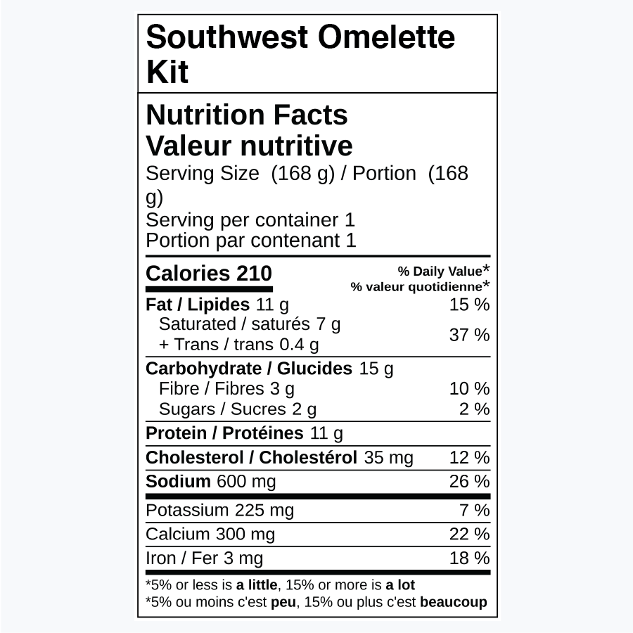 Nutrition facts for Southwest Omelette Kit, including calories and nutrient breakdown.