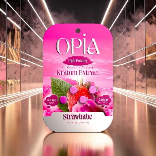 Packaging for Opia Kratom Extract with pink design and fruit illustrations.
