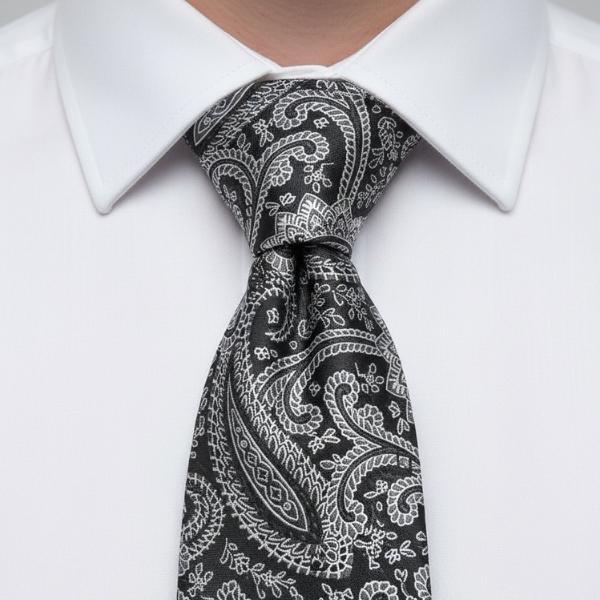 Closeup of a man wearing a black paisley tie with a white dress shirt
