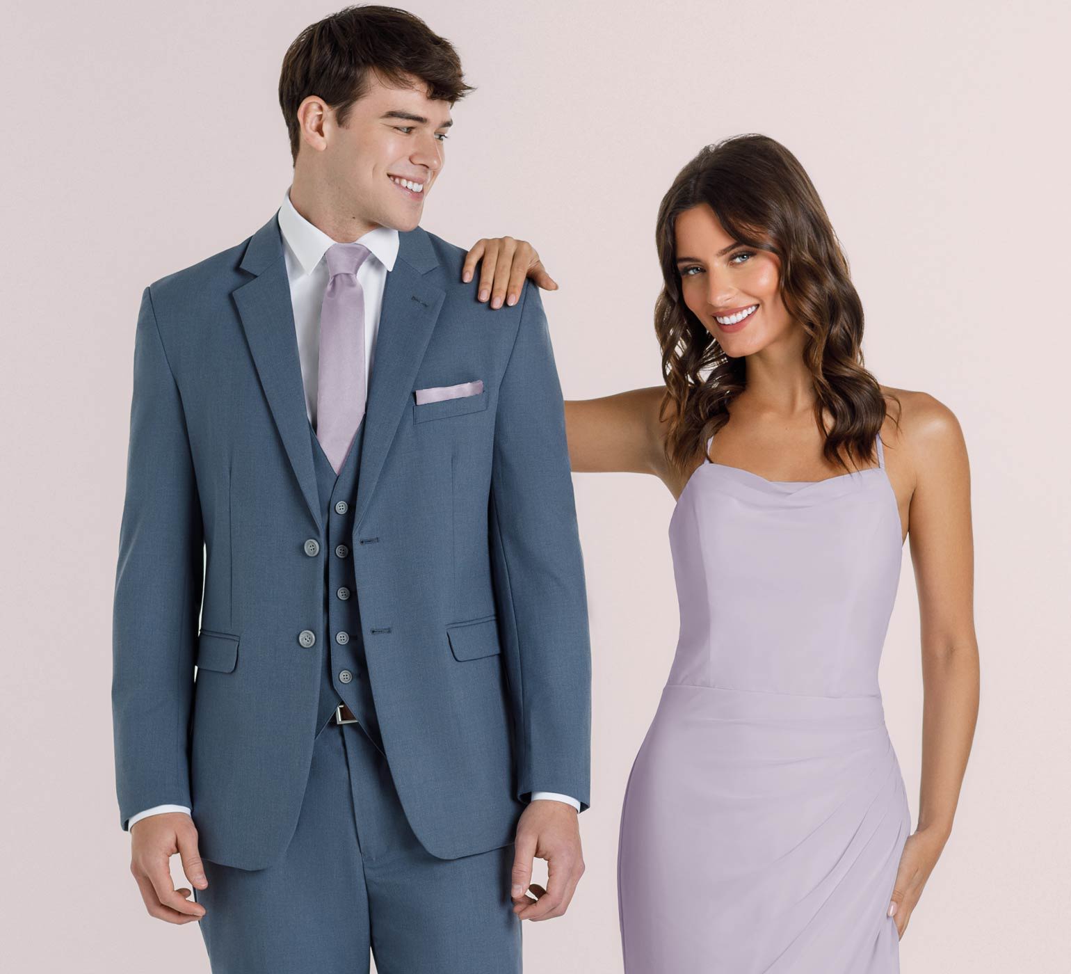 Slate Suit with Wisteria Bridesmaid Dress