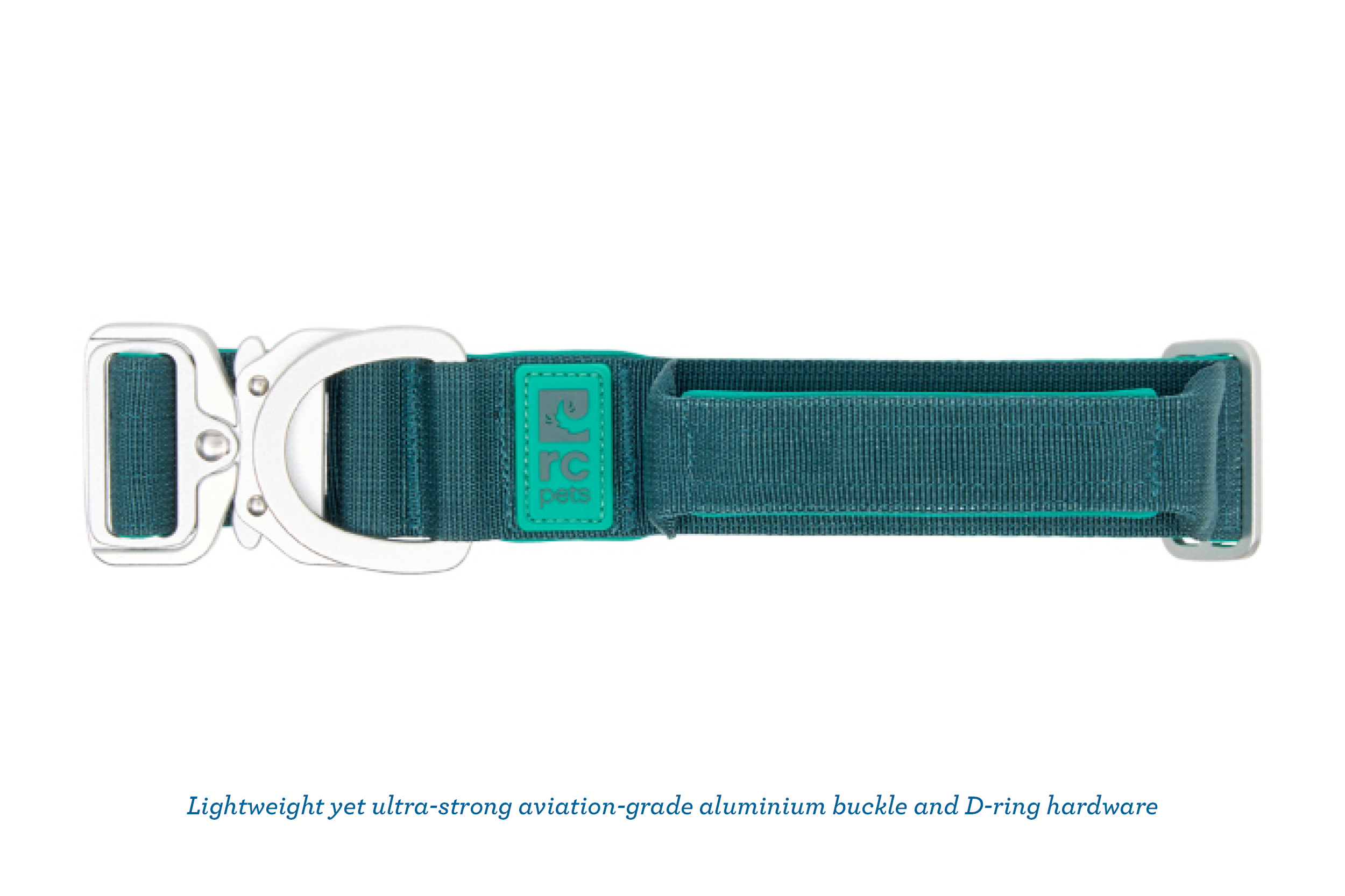 A teal strap with a metal buckle and brand logo.