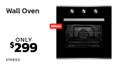 Black wall oven with price and dimensions displayed.